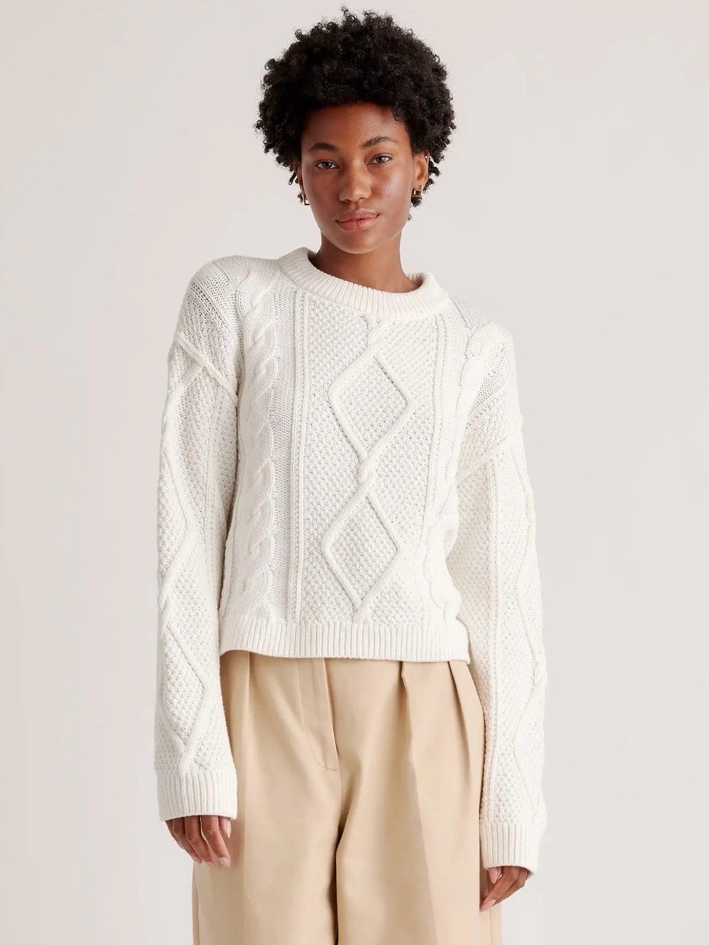 Quince NWT 100% Organic Cotton Cropped Cable Crew Sweater Size L Ivory